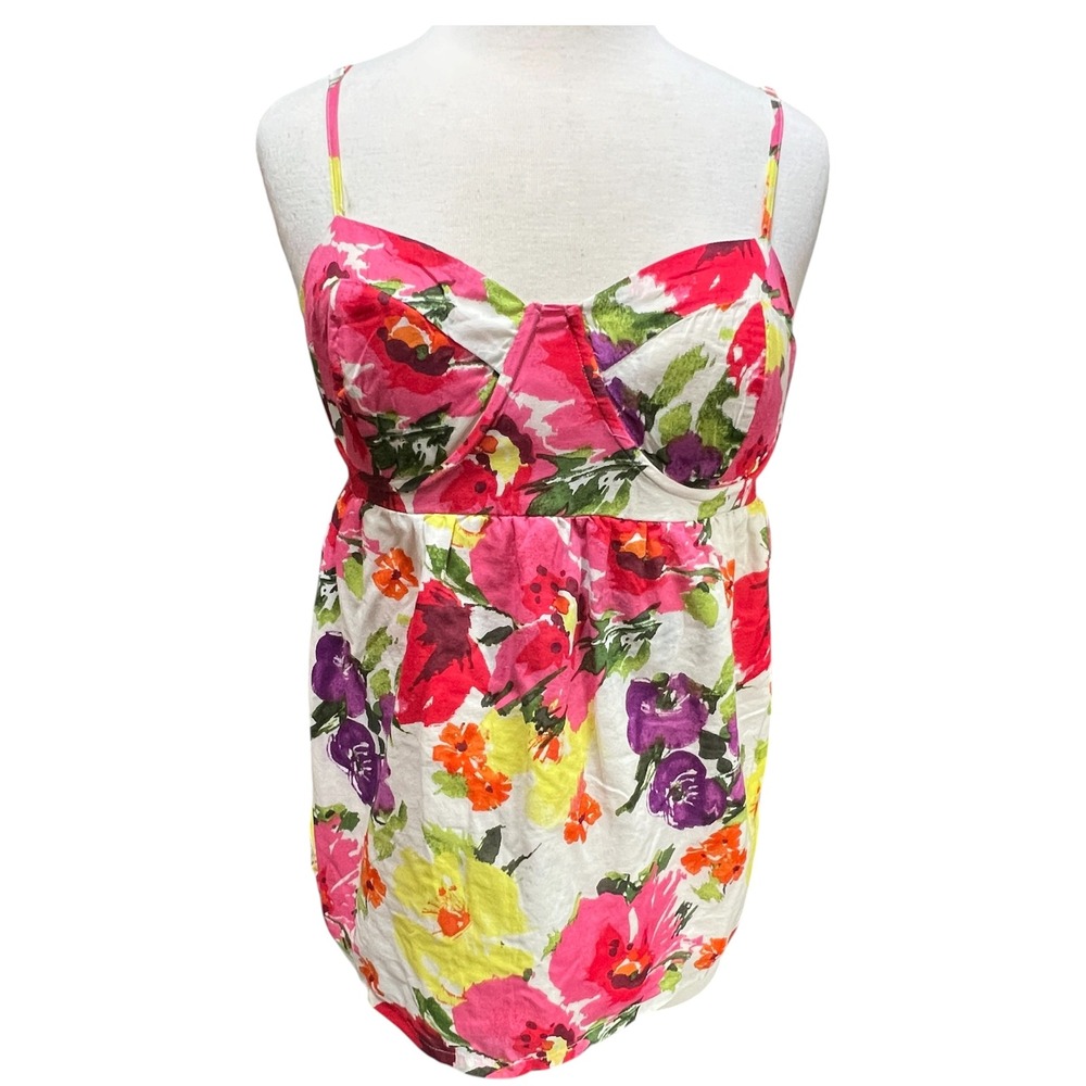 Floral Bustier Camisole Top Small Colorful Cotton Smocked Strappy Babydoll Y2K